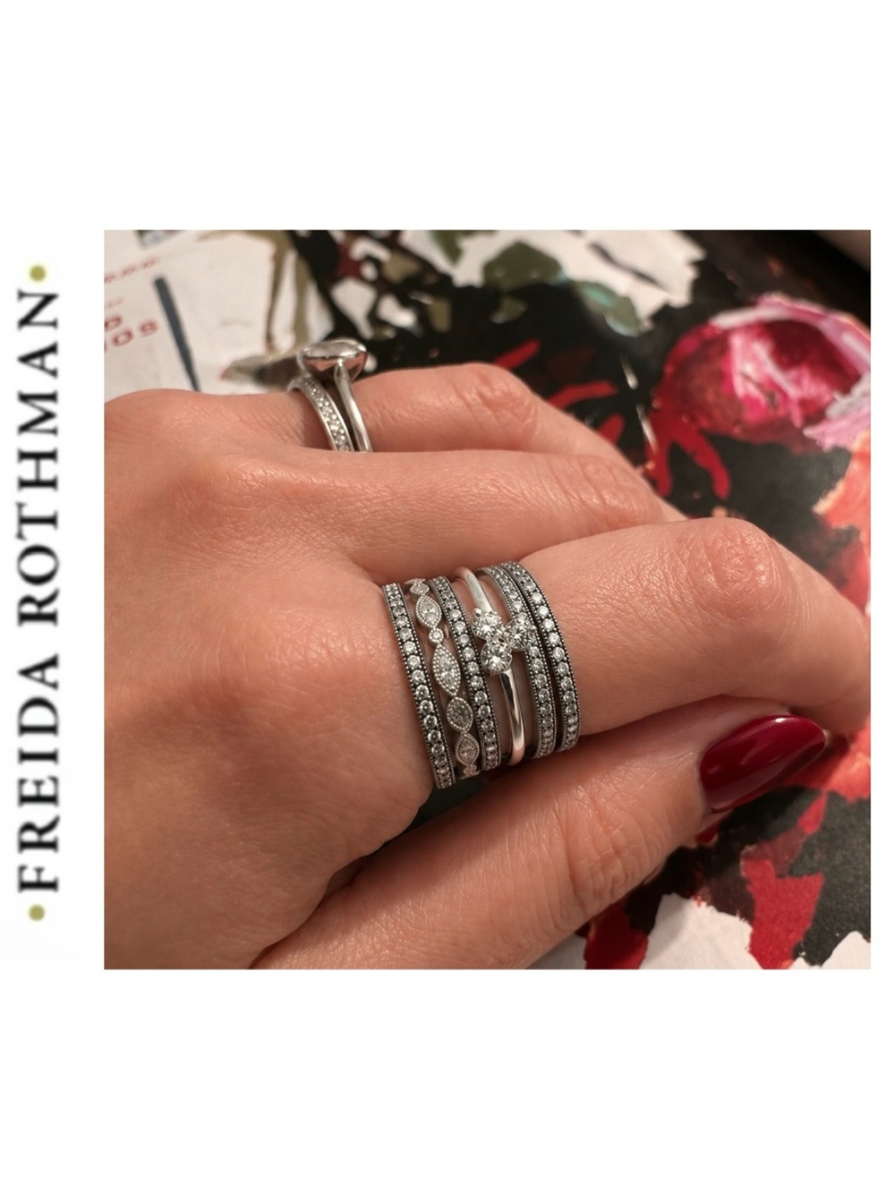 Freida Rothman Triple Clover Ring Sterling Silver CZ  Size 8 Stacking Ring